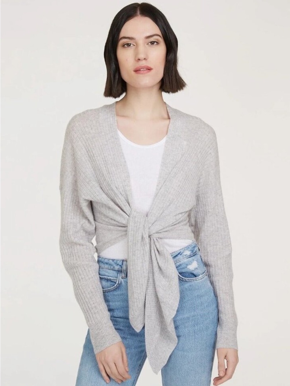 Autumn Cashmere Tie Front Rib Ballerina Wrap Cardigan Heather Grey Medium
